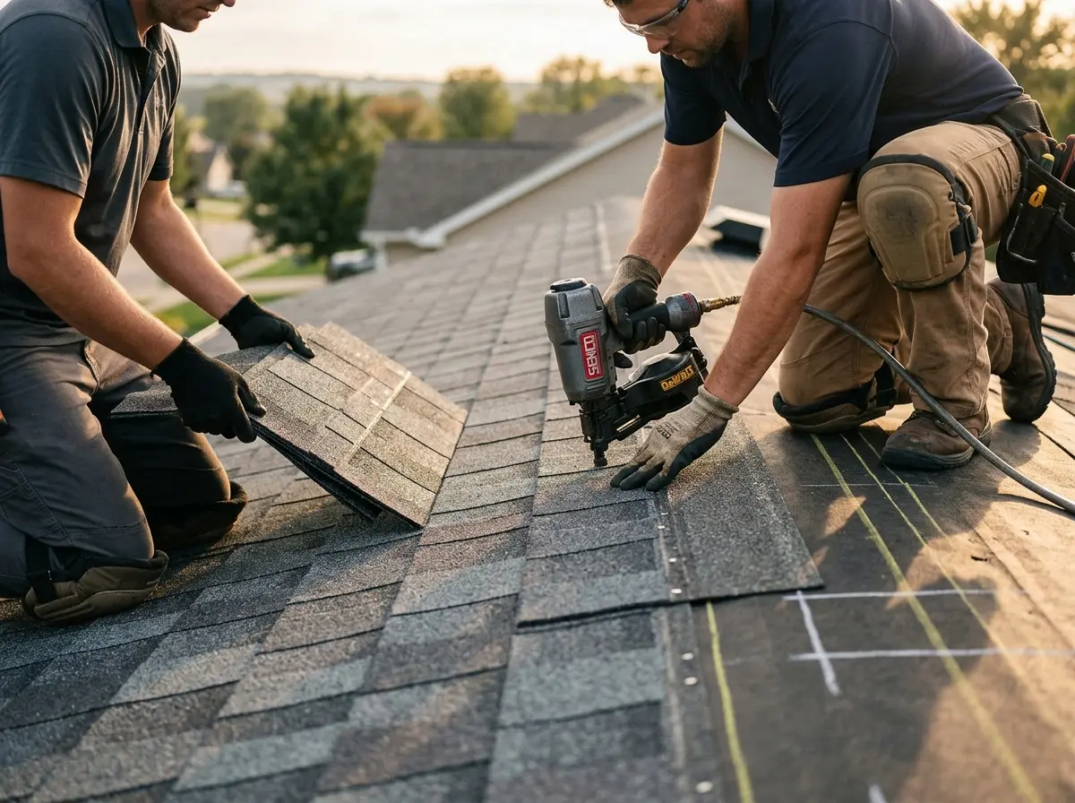 Professional roofer working on a residential roof in Ellsworth